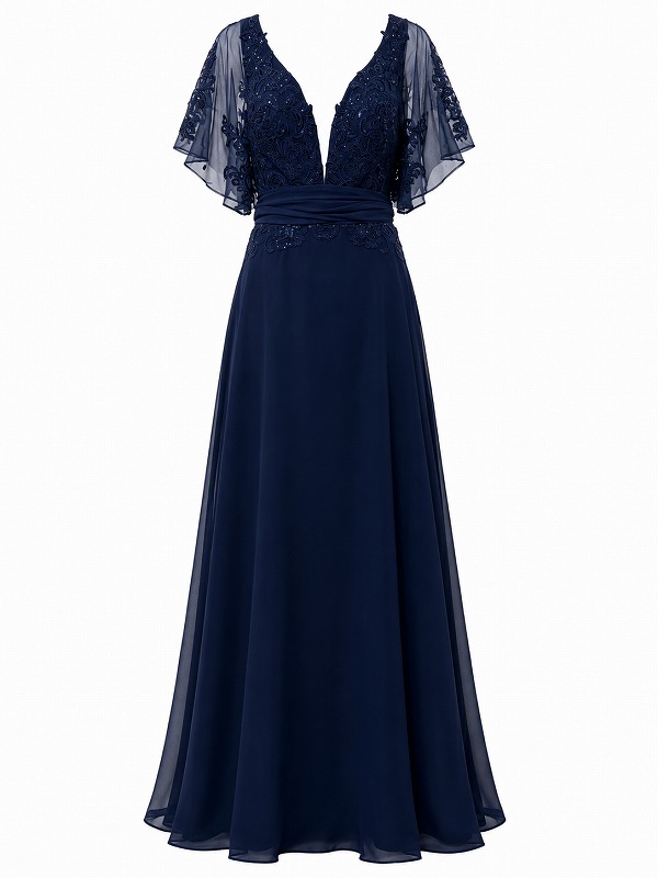 【新品DRESS 3023】リボンスカーフベルト付き刺繍レースフレアロングドレス ネイビー【IMPERO】